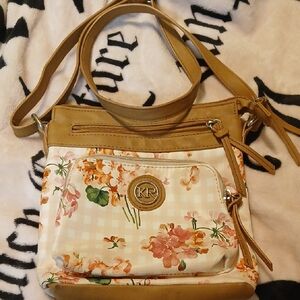 Tan and Cream Crossbody Bag with Floral Design